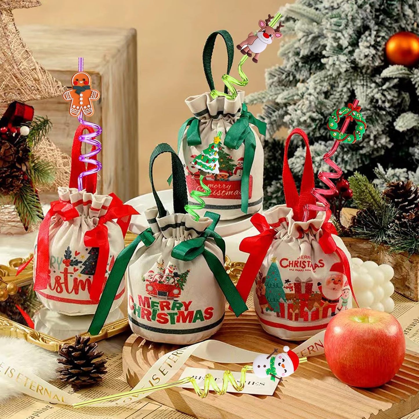 24 PCS Straws for Christmas Birthday Party Decorations Drinking Straws with 2 PCS Cleaning Brushes (Christmas Green)