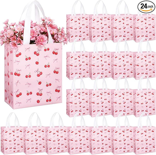 Supervitae 24 Pack Cherry Bow Birthday Gift Bags Red Pink Bow Cherry Medium Goodie Party Bags Spring Reusable Totes Non Woven Totes for Birthday Baby Bridal Shower Family Travel(9.8" x 7.9" x 3.9")