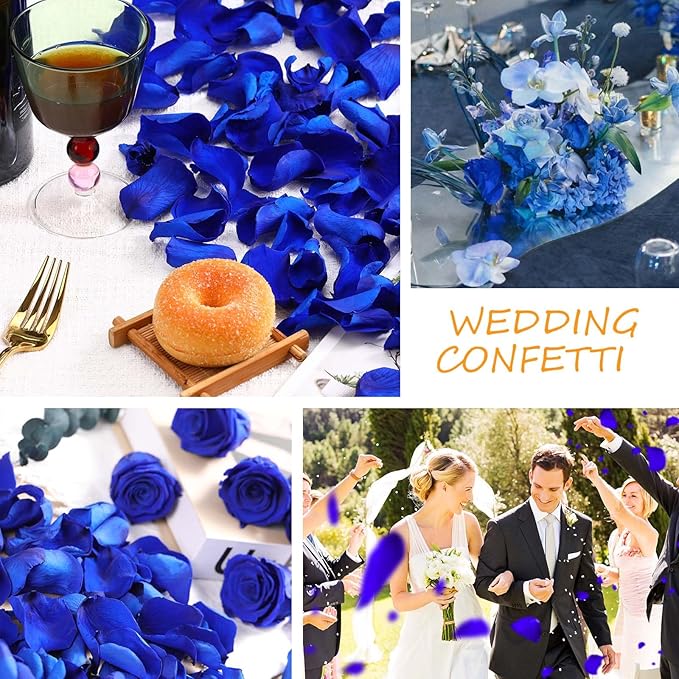 Dried Real Rose Petals, Natural Preserved Dry Flower Petals for Wedding Party Dinner Table Decor, Romantic Night for Her Set, Engagement, Bridal Shower, Valentine's Day, Confetti (1.6 oz, Blue)