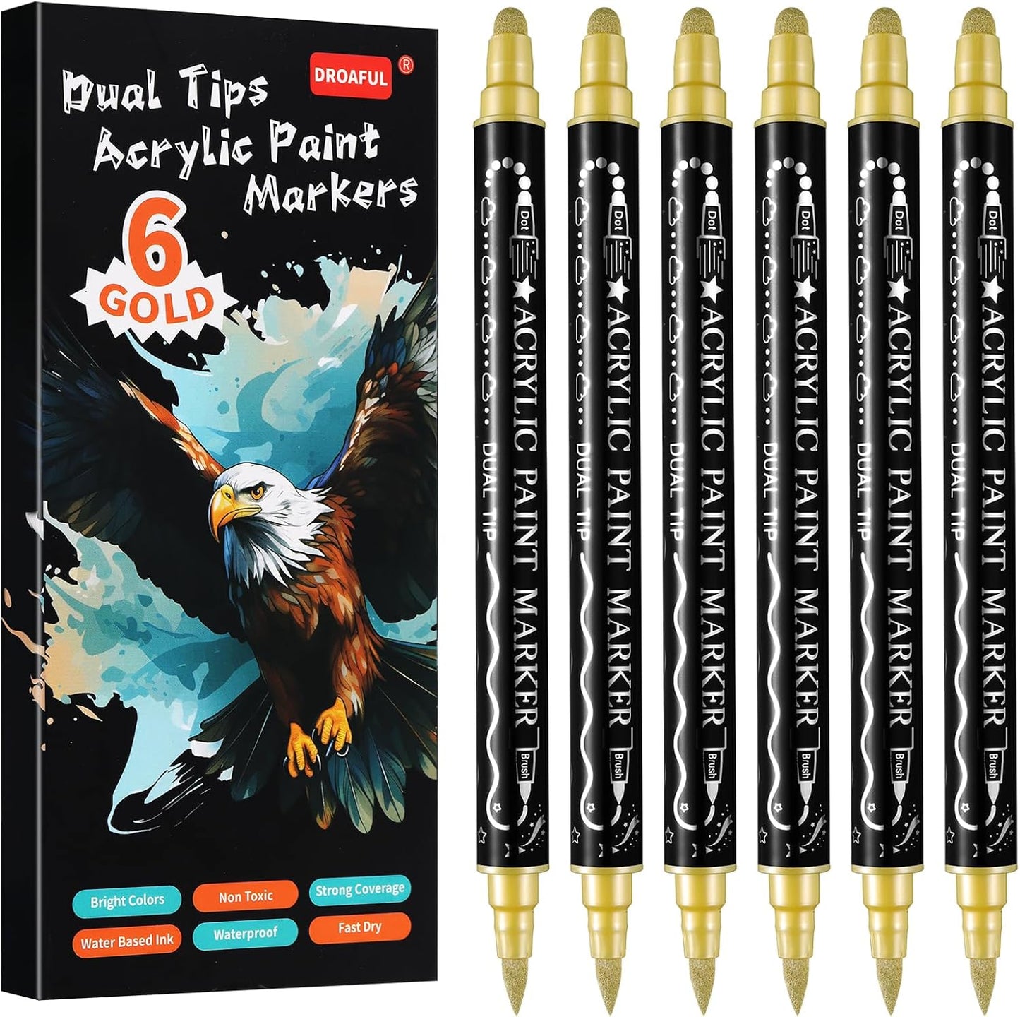 Glod Acrylic Paint Pens Markers, 6 Pc Dual Tips Waterproof Paint Markers For Rock Painting, Fabric, Metal, Glass, Wood, Canvas, Ceramic, Pumpkins, Eggs, Plastic, Non-Toxic & Odor