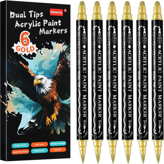 Glod Acrylic Paint Pens Markers, 6 Pc Dual Tips Waterproof Paint Markers For Rock Painting, Fabric, Metal, Glass, Wood, Canvas, Ceramic, Pumpkins, Eggs, Plastic, Non-Toxic & Odor