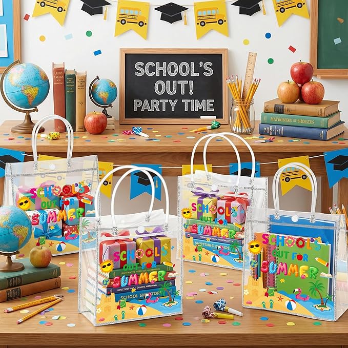H1vojoxo End of Year Gift Bags - 24PCS End of Year Clear PVC Gift Bags with Handles Bulk 7.9x3.2x7.9 Inch Last Day of School Goodie Treat Bag Summer School's Out Classroom Gifts Wrap Totes for Student