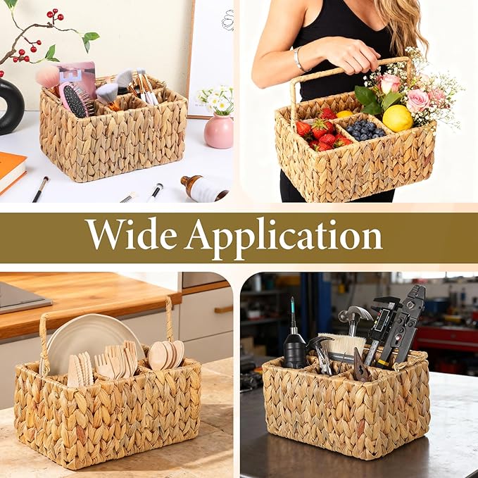 Hand-Woven Wicker Silverware Organizer, Water Hyacinth Plastic Cutlery Utensil Holder with Handle, Woven Picnic Caddy, Picnic flatware Organizer and Kitchen Countertop with Handle