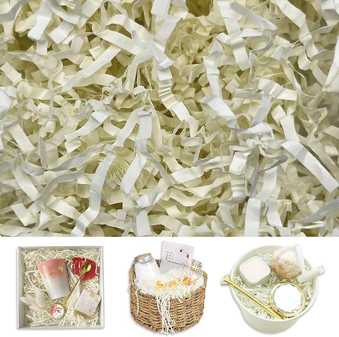 Ivory Crinkle Cut Paper Shred Filler, 2 LB Basket Filler Shredded Paper, Confetti Stuffing for Basket Filling, Halloween, Thanksgiving, Christmas, Birthdays, Gift Wrapping, Stuffer Party Supplies