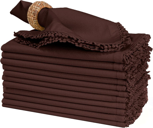 Bedding Craft Cotton Cloth Dinner Napkins Set of 12 – 18x18 Hot Chocolate with Decorative Lace Selvedge – Machine Washable Reusable Fabric Napkins for Weddings, Parties, Baby Showers & Table Décor