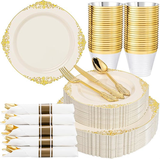 Nervure 175PCS Ivory Plastic Plates - Ivory Gold Plastic Dinnerware Sets for 25 Guests - 50 Ivory Disposable Plates, 25 Pre Rolled Cutlery Set, 25 Cups Perfect for Wedding, Party