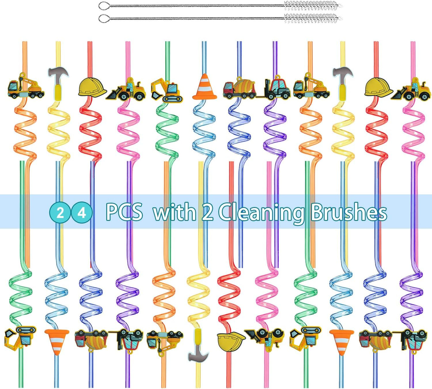 24 PCS Reusable Construction Straws Party Favors, Plastic Truck Swirly Drinking Straws for Kids Construction Theme Birthday Party Decorations Supplies with 2 Clean Brushes
