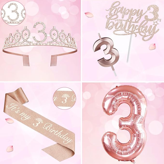 3rd Birthday Decorations for Girls, Including 3rd Birthday Sash and Tiara, Cake Topper and Candle, Number Balloon, 3 Year Old Gifts for Girls