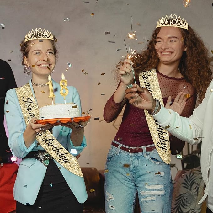 18th Birthday Decorations for Girls with 18th Birthday Sash and Tiara Gold, 18 Candles Gold, 18 Year Old Gifts for Girls