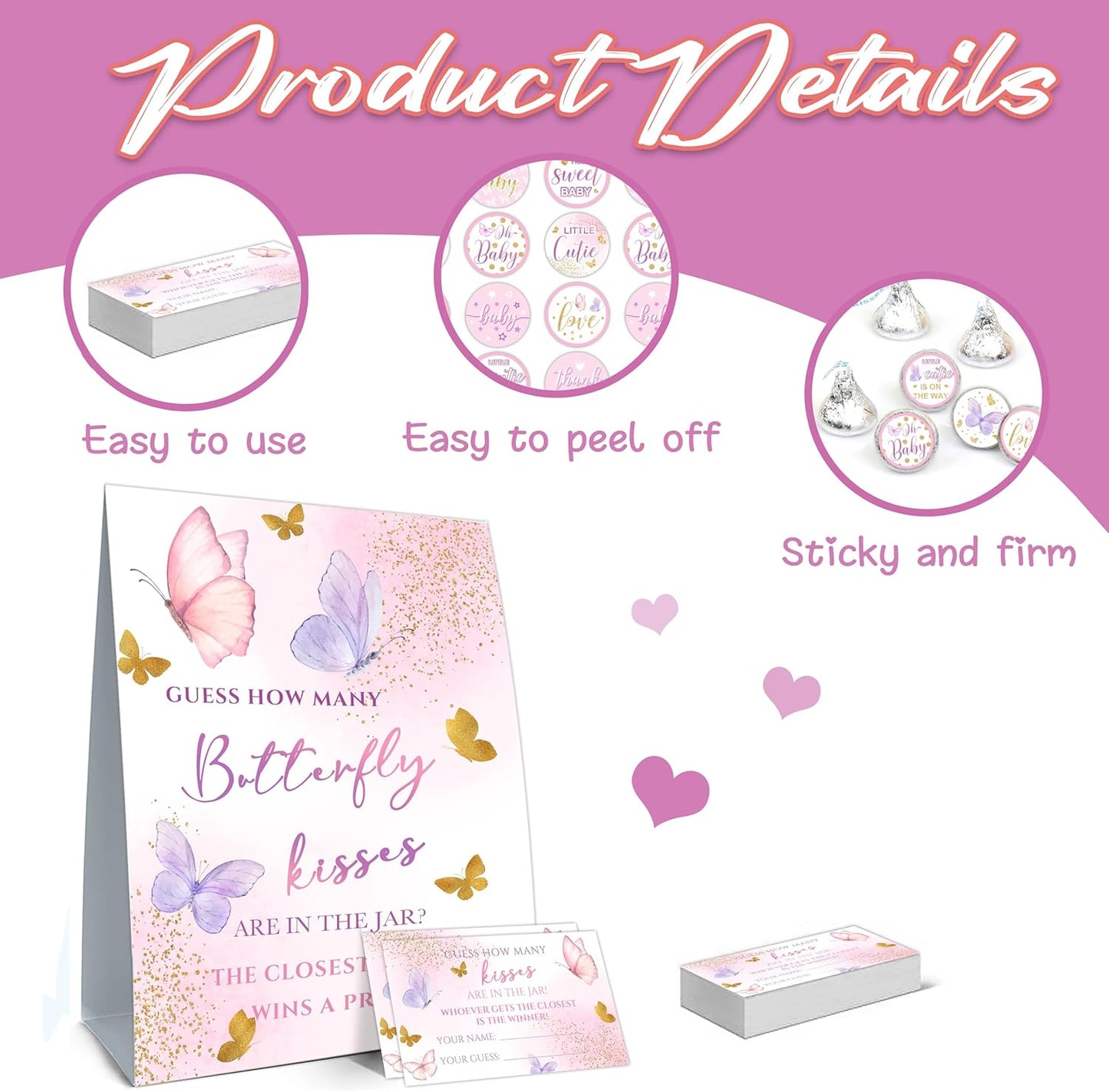 How Many Butterfly Kisses Baby Shower Game Set - Standing Sign, 50 Guessing Cards, 180 Stickers