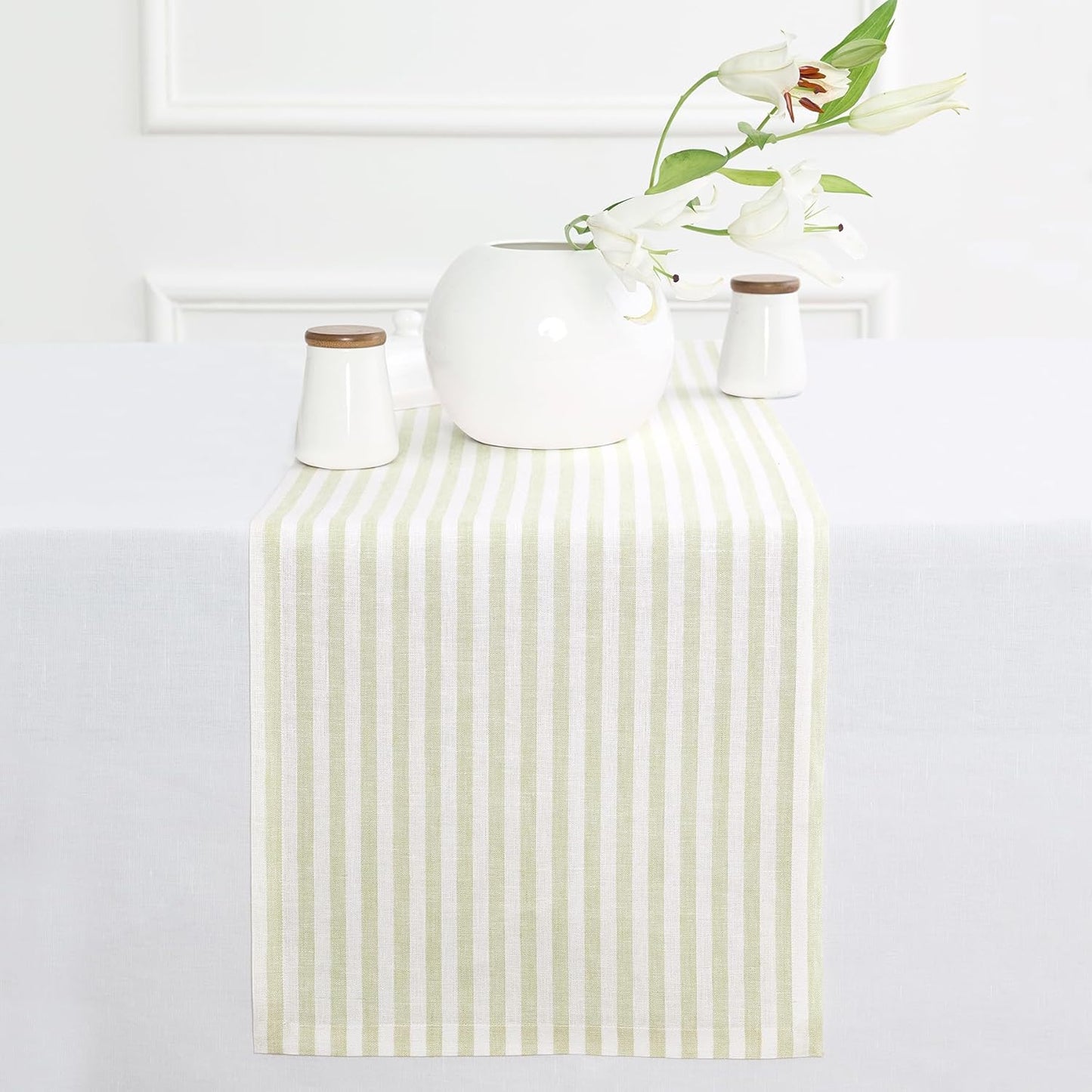Solino Home Linen Table Runner 72 Inches Long - Amalfi Stripe, 100% Pure Linen Sage and White Table Runner 14 x 72 Inch for Dining, Dresser, Fall, Autumn, Halloween, Thanksgiving, Christmas