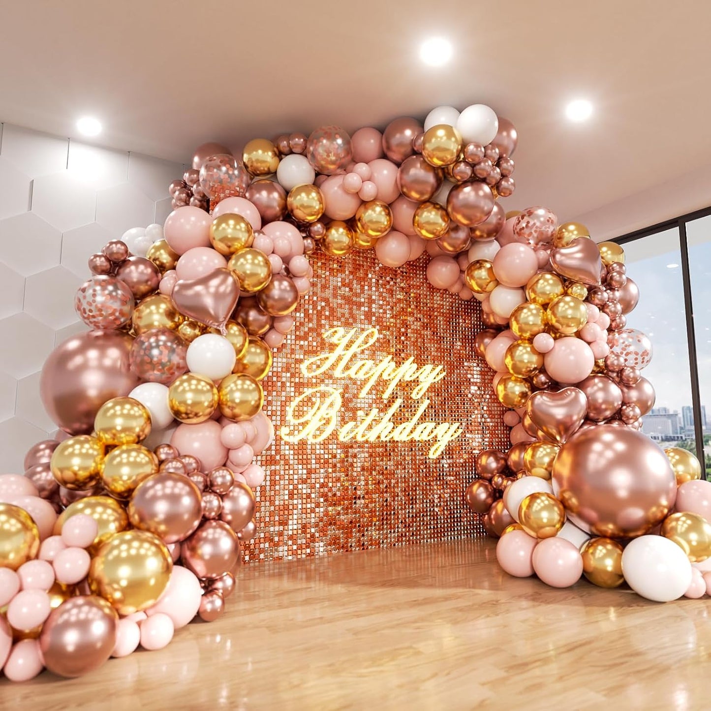 Rose Gold Balloons Arch Kit, 140Pcs Metalic Rose Gold Metallic Gold White Pink with Confetti Balloons for Bridal Shower Baby Shower Bachelorette Birthday Wedding Girl Anniversary Decorations