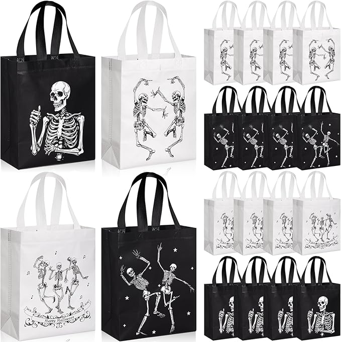 Wesnoy 24 Pcs Halloween Bags with Handle Reusable Skeleton Halloween Party Favors Black White Non Woven Candy Tote Bags Bulk Funny Hippie Dancing Skeleton