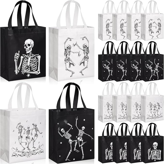 Wesnoy 24 Pcs Halloween Bags with Handle Reusable Skeleton Halloween Party Favors Black White Non Woven Candy Tote Bags Bulk Funny Hippie Dancing Skeleton