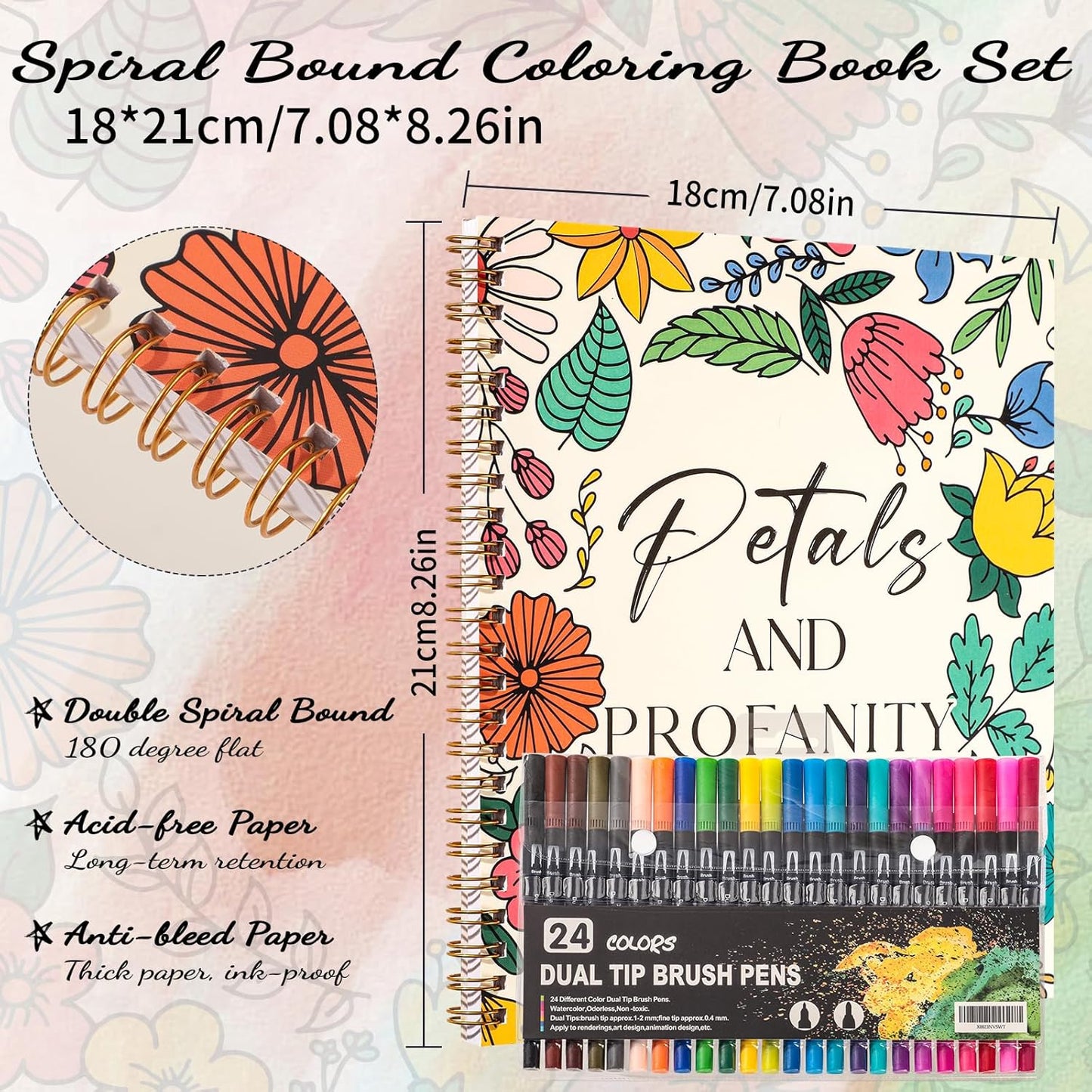 7×8.2in Adult Coloring Book Set for Relaxation, Spiral Bound Coloring Book for Women with 24 Colors Markers, Mindfulness Stress Relief 32 Patterns for Adults, Teens, Gift