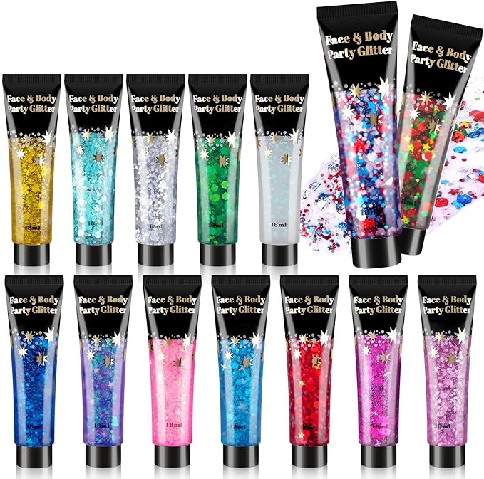 AROIC 14 Colors Body Glitter, Face & Hair Glitter Gel Set for Mardi Gras, Eye Shimmer for Women Glow in the Dark Rave Accessories Party Supplies, Face Paint Hair/Cheek/Eyelid Sparkle Makeup(18ml/Tube)