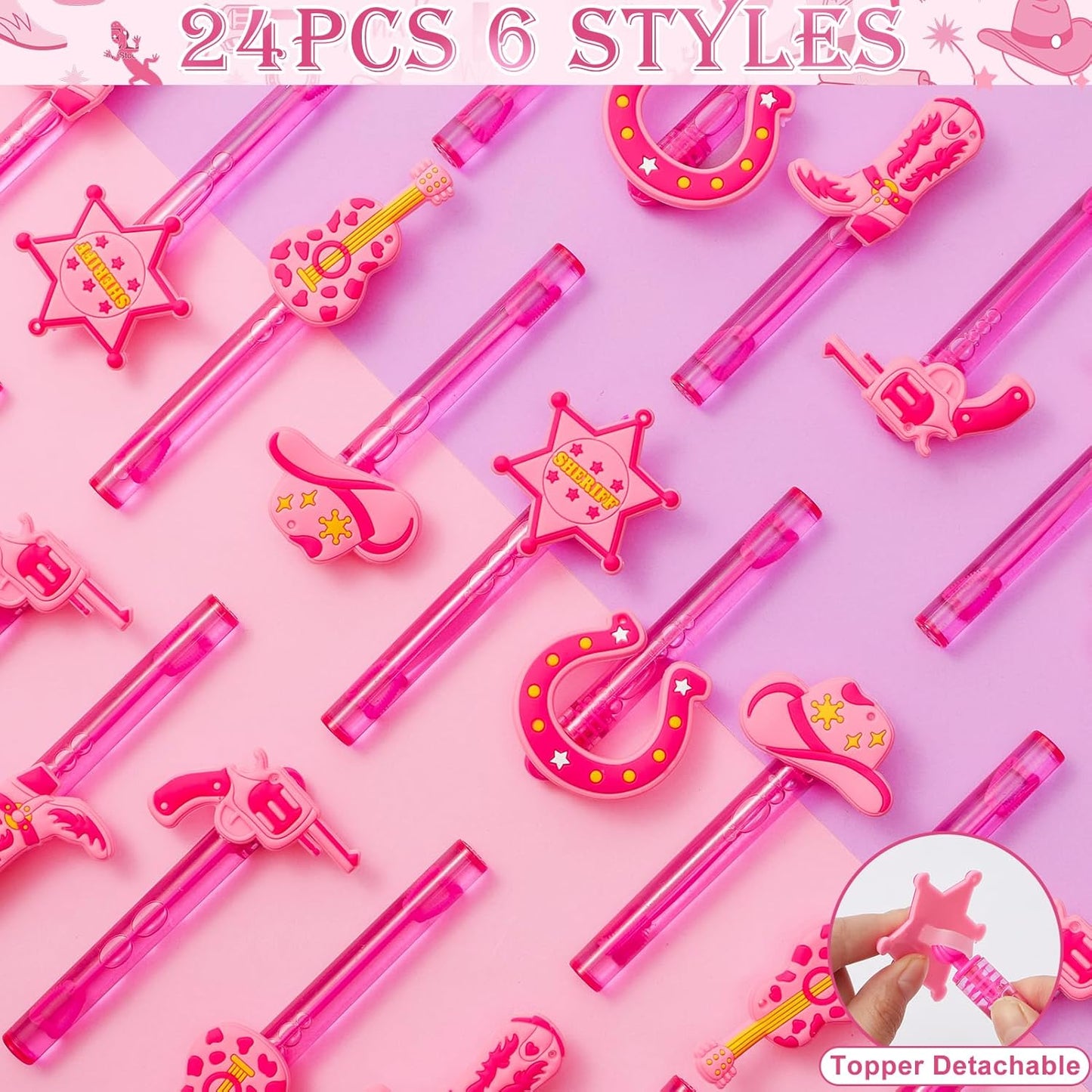 Winrayk Western Cowgirl Party Favors, 24Pcs Disco Cowgirl Mini Bubble Wands for Kids Bubbles Bulk with Detachable Topper (6 Styles), Birthday Gift Retro Rodeo Classroom Prizes Easter Goody Bag Stuffer