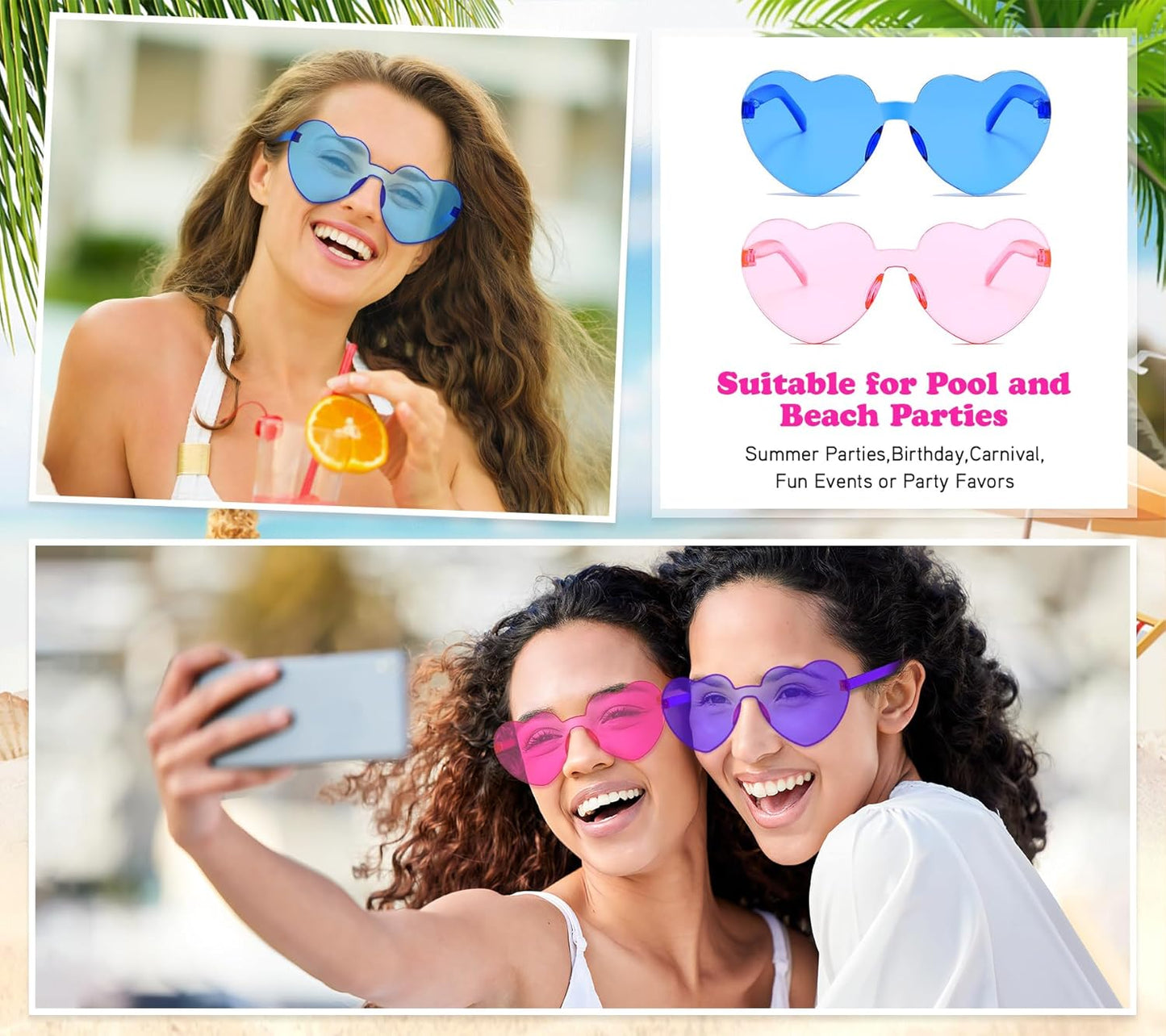 Matcheck 20/40 Pack Colored Rimless Sunglasses Bulk Heart/Star Shaped Candy Color Glasses Frameless Party Eyewear for Adults