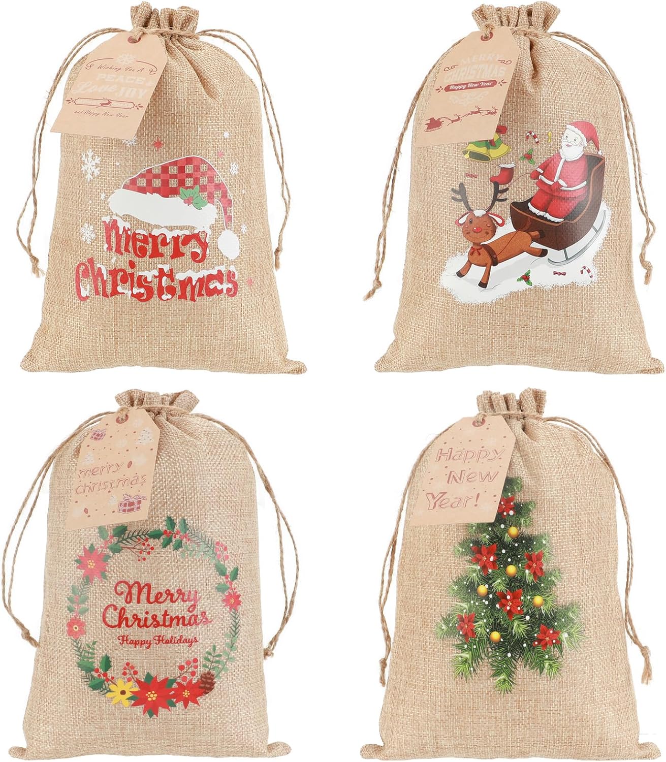 Tapleap Burlap Coth Christmas Bags with Drawstring, 7x10 Inches (Lot of 40) with Tags, String, for Wrapping Christmas Party Favors or Gifts for Coworkers, Classmates, and Friends