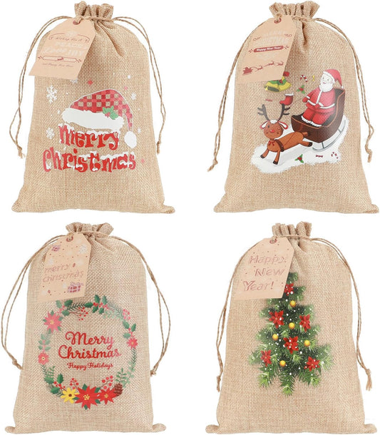 Tapleap Burlap Coth Christmas Bags with Drawstring, 7x10 Inches (Lot of 40) with Tags, String, for Wrapping Christmas Party Favors or Gifts for Coworkers, Classmates, and Friends