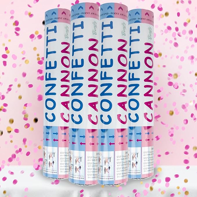 4 Pack Gender Reveal Confetti Cannon, 12 in Pink Round Shaped Paper Party Poppers Cannons, Confetti Poppers For Baby Boy Girl Gender Reveal Baby Showers (Round, Pink)