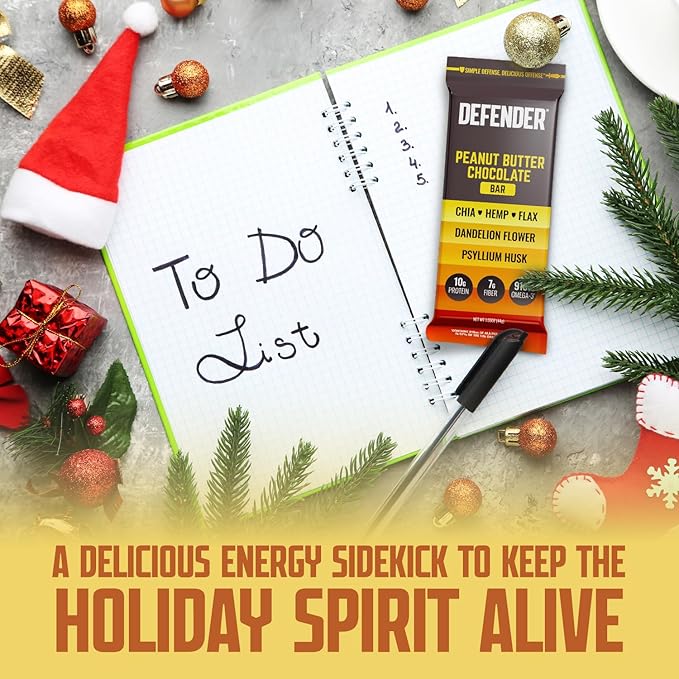 Defender Vegan Protein Bar, Peanut Butter Chocolate, Plant Based Snack Breakfast Bars, Psyllium Husk, High Fiber, Non GMO, Kosher, No Stevia & Sugar Alcohols, 12 Bars, Holiday Gift Item, Stocking Stuffer