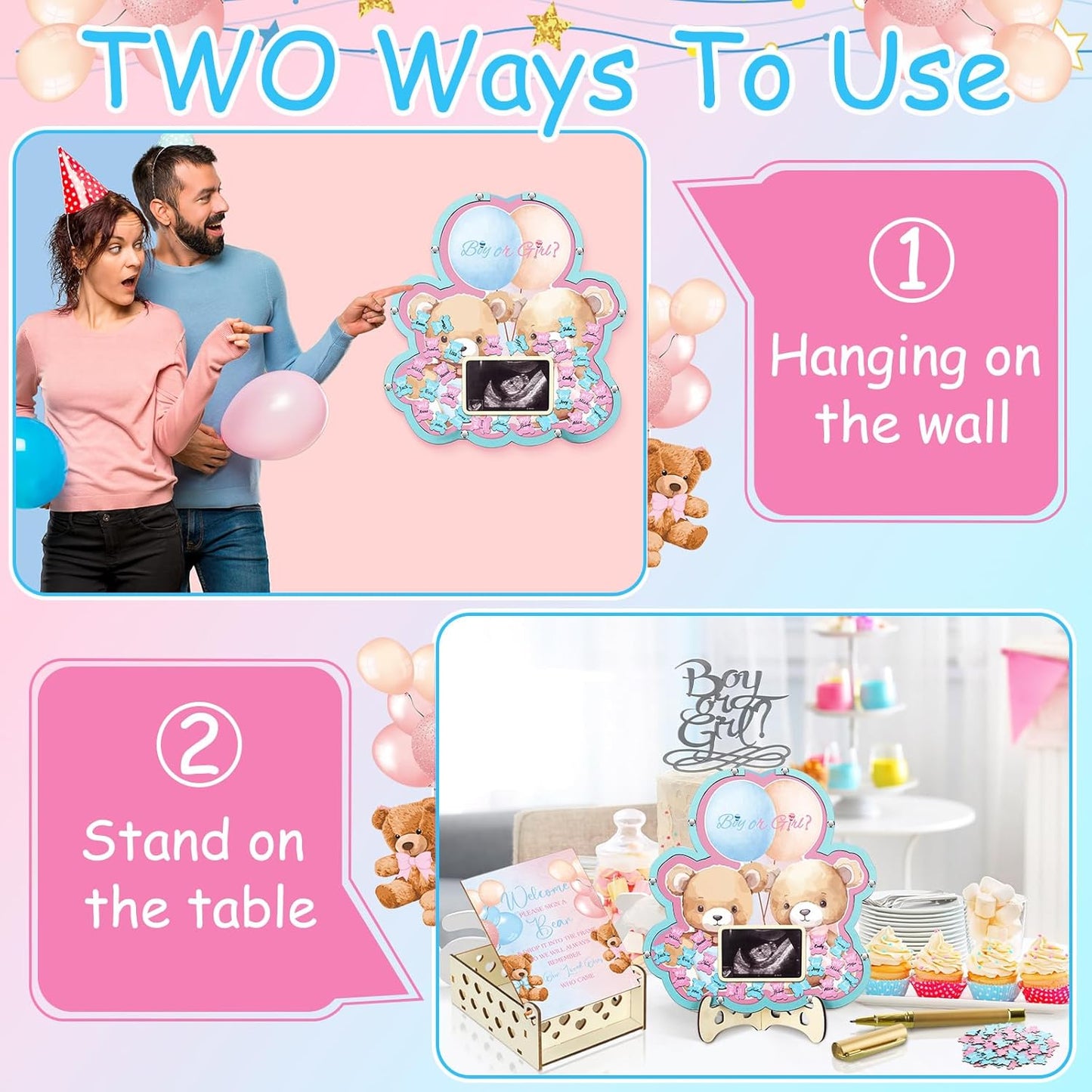 Wenqik 63 Bear Gender Reveal Baby Shower Guest Book Alternatives Set Baby Shower Decorations with Photo Frame Sonogram Frame Keepsake 60 Wood Slices Guest Book for Birthday