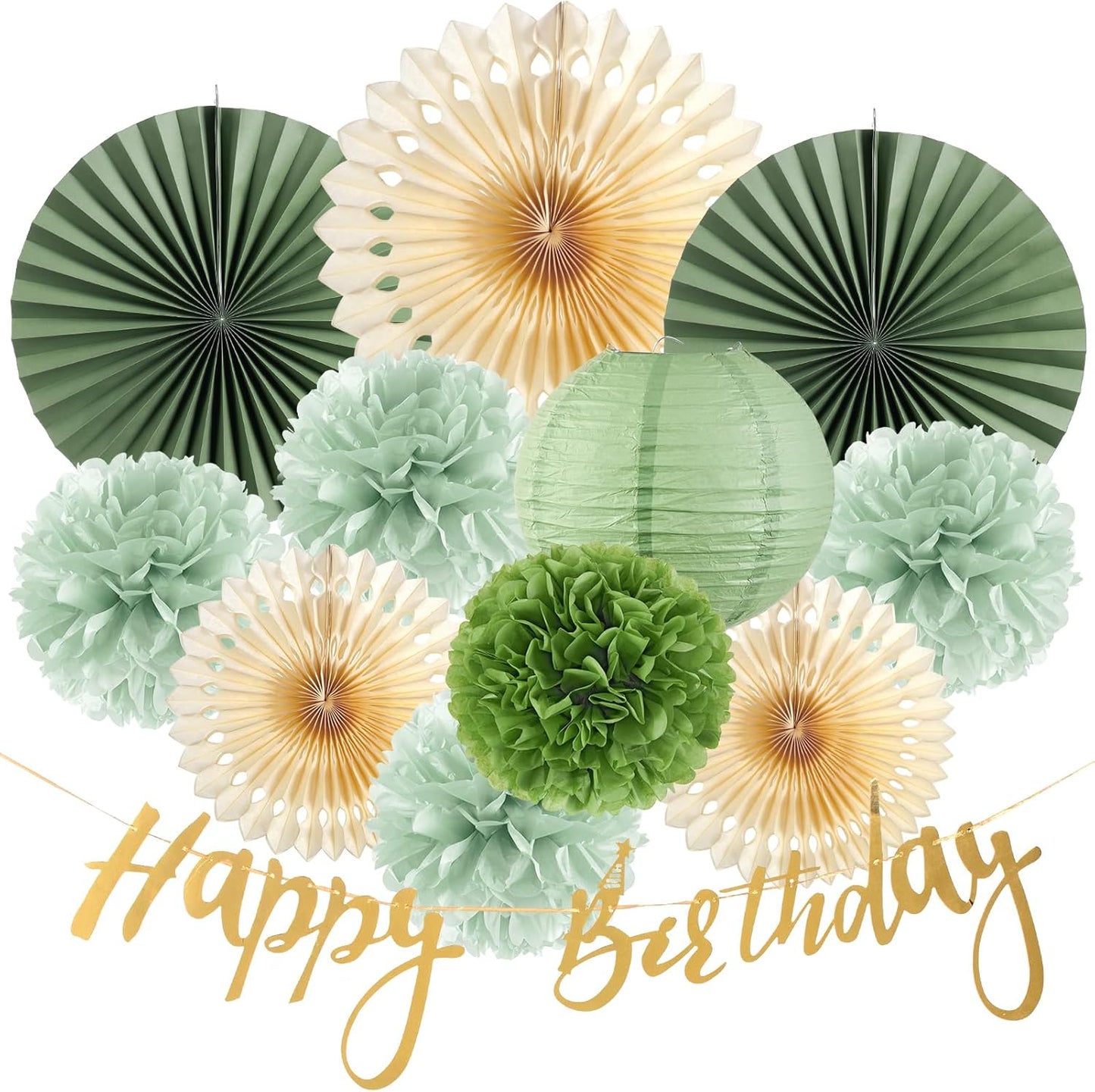 SUNBEAUTY Sage Green and Cream Tissue Pom Poms Paper Lanterns Party Decorations for Girls Women with Happy Birthday Banner Sage Green Paper Fans Tissue Pom Poms Lantern Birthday Decorations Kit