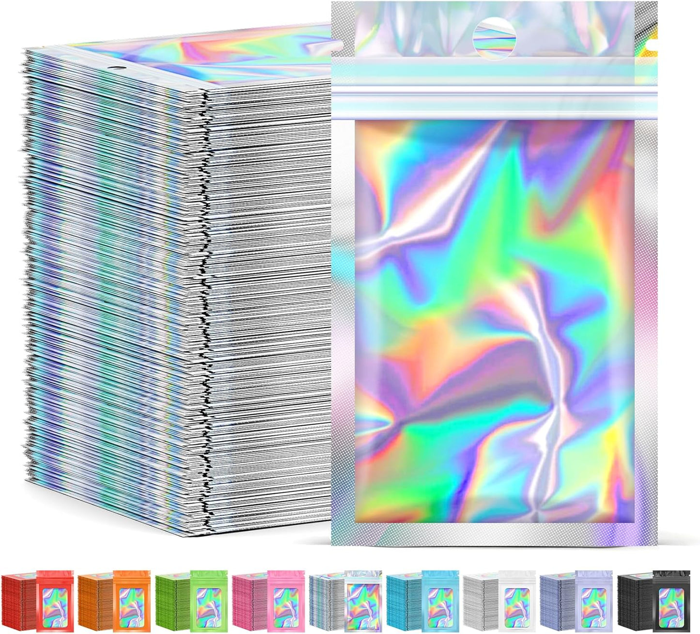 300 Pcs Mylar Bags, Smell Proof Bags Foil Pouch, Holographic Resealable Bags for Small Business, Candy Sample Jewelry Bag Sealable Packaging for Party Favor Food Storage (2.4x3.9in)