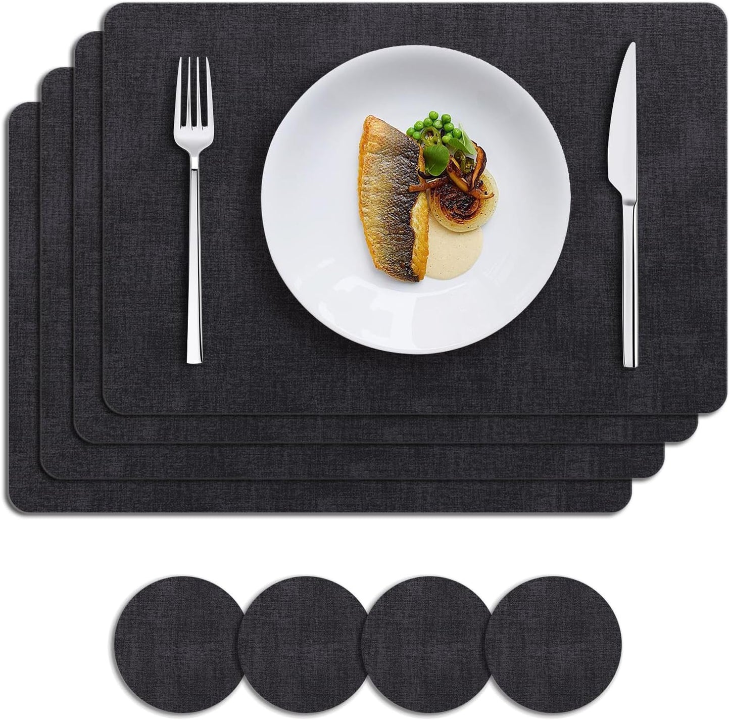 MOSAYT Placemats Set of 4, Heat Resistant Vinyl Place Mats with Coasters, 100% Waterproof Wipeable Washable Faux Leather Table Mats for Kitchen Dining Party Indoor Outdoor, 12" x 18", Black