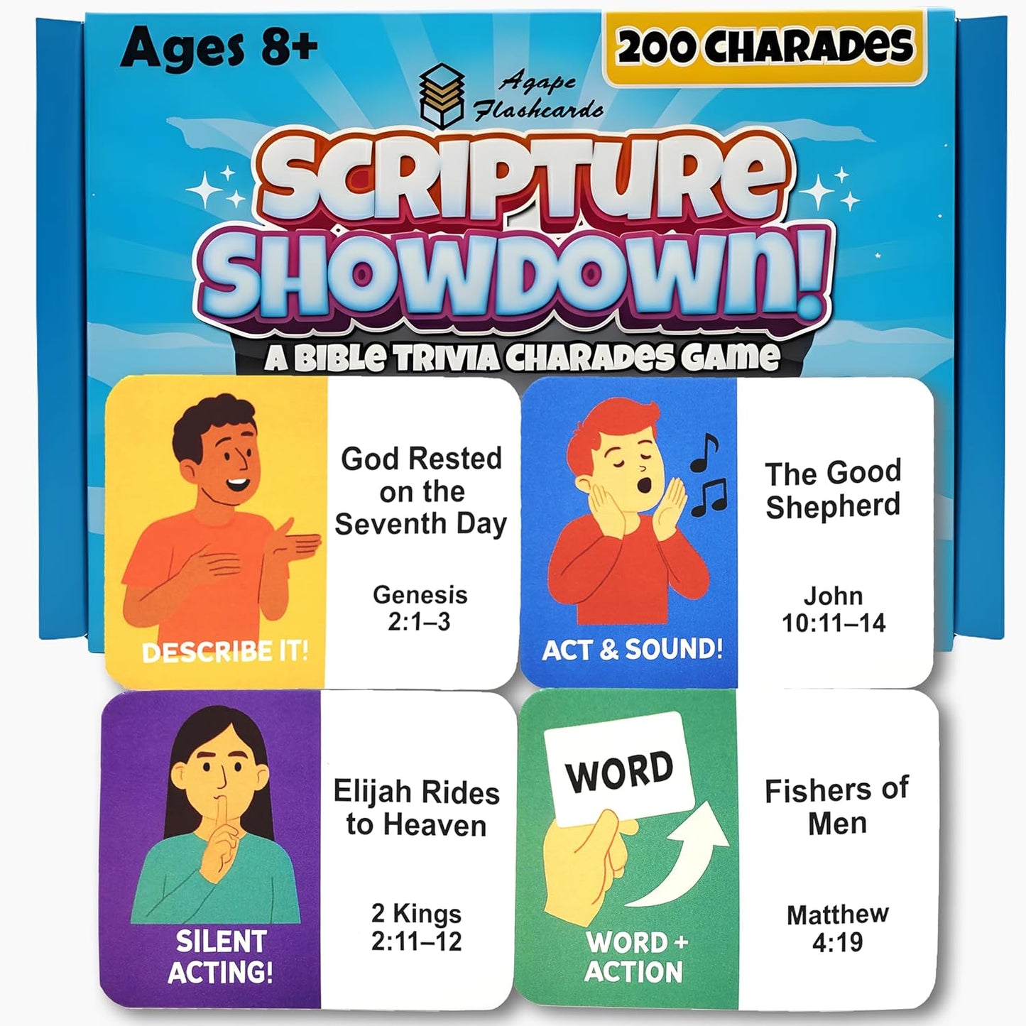 Bible Trivia Charades Game - Scripture Showdown - Fun Christian Party Activity for Families, Kids, Teens & Adults - 200 Challenge Cards for Bible Study, Youth Group & Game Night - Gift for Men & Women