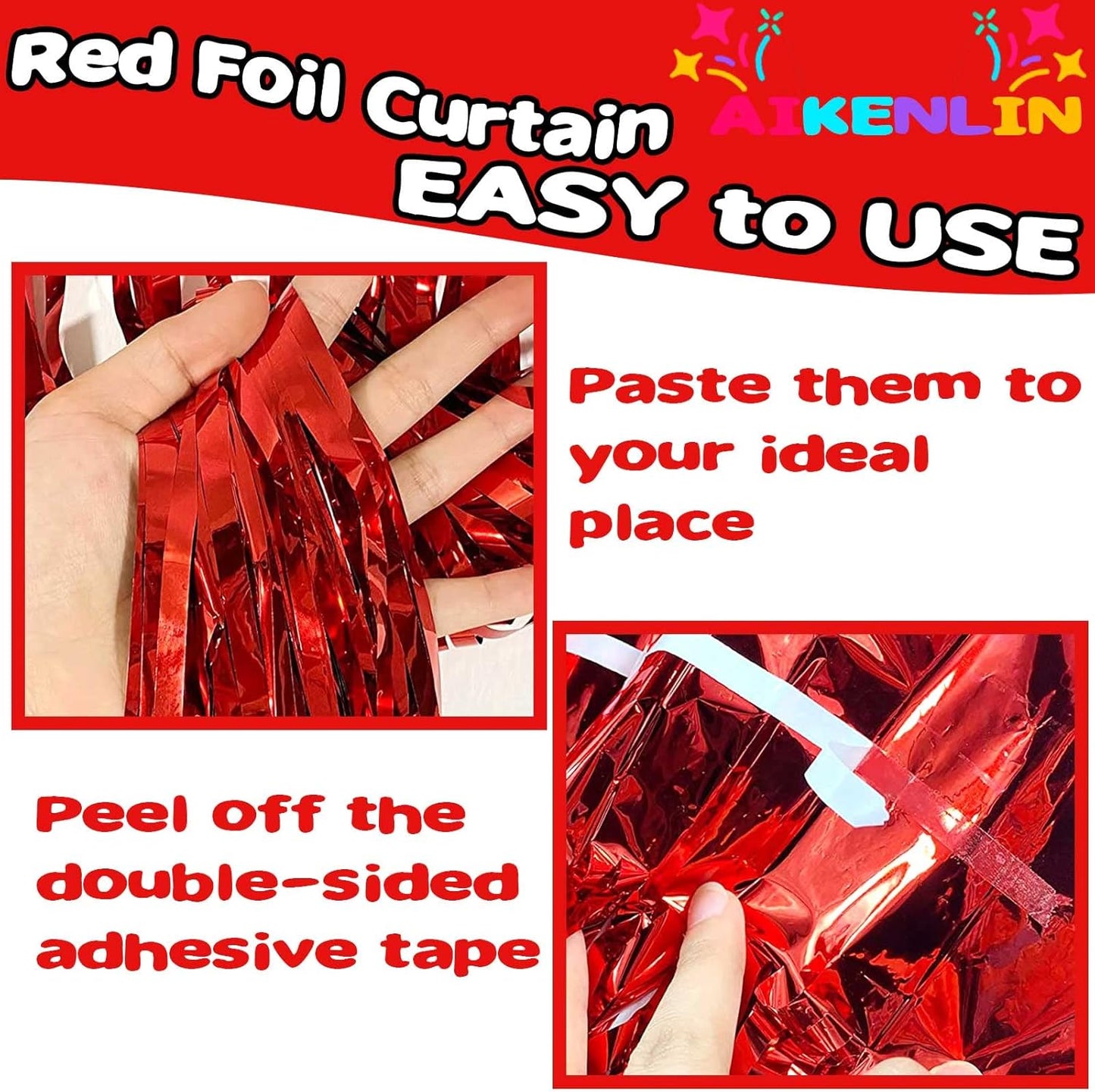 4 Pack 3.3Ft x 6.6Ft Red Foil Fringe Curtain Backdrop, Metallic Tinsel Foil Fringe Streamers Curtains Background for Photo Booth, Birthday, Wedding, Halloween, Christmas Party Decoration