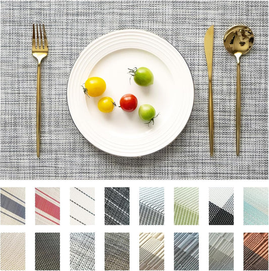 Placemats Set of 8 Vinyl/Plastic Woven Place Mats for Kitchen Table Indoor/Outdoor Washable Placemat Wipeable Dining Table Mats (Grey,8)