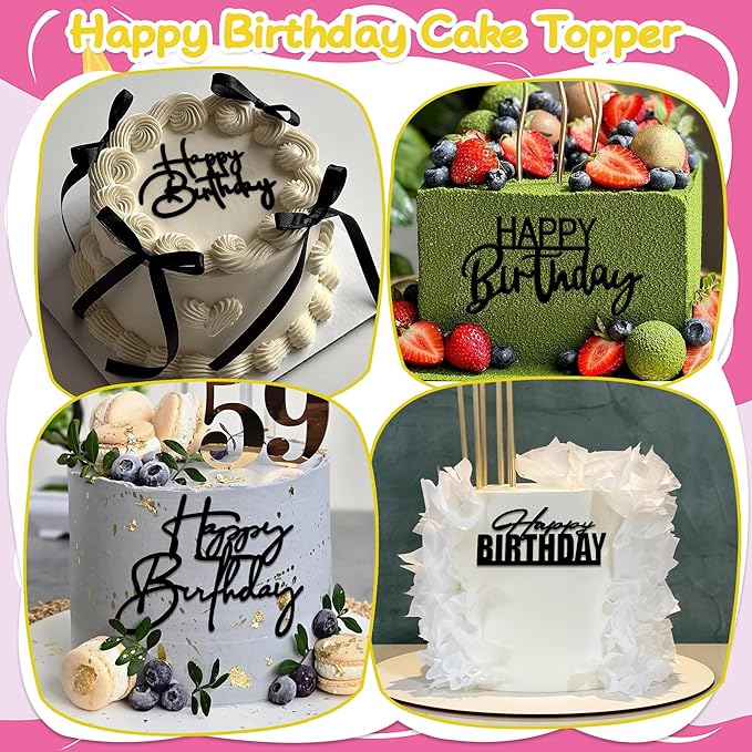 15 PCS Black Happy Birthday Cake Toppers Acrylic Mirror Inserts for Cakes Cupcakes Desserts 15 Styles