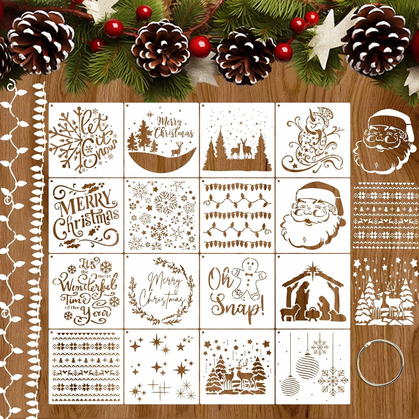 16 Pcs 5.1 x 5.1 Inch Christmas Stencils Set for Painting on Wood,Wall Door Home Decor, Reusable Adults & Kids Christmas Tree DIY Crafts Decorations Kit
