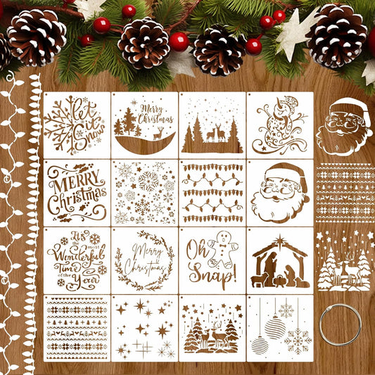 16 Pcs 5.1 x 5.1 Inch Christmas Stencils Set for Painting on Wood,Wall Door Home Decor, Reusable Adults & Kids Christmas Tree DIY Crafts Decorations Kit