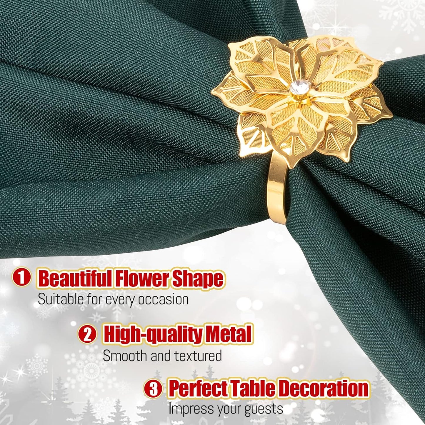 Napkin Rings- Gold Flower Napkin Holder Metal Napkin Buckle for Holiday Party Dinner Wedding Dining Table Decoration (Set of 8)