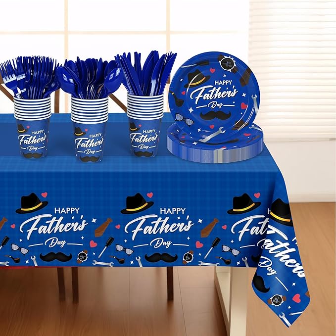 Childom Fathers Day Decorations for Party,132 Pcs Disposable Fathers Day Plates Tablecloth Cups Knives Spoons Forks for Party Supplies,Plates Tableware for Dads Birthday,Home,Brunch,Dinner,Serves 26
