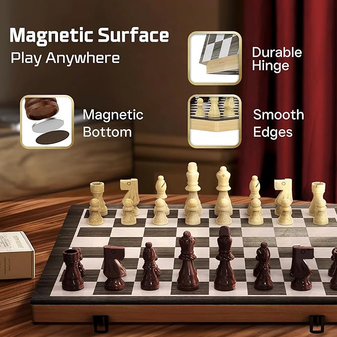 Wooden Magnetic Chess Set & Checkers Board Game, 15” Foldable Chess Board | Solid Wood 2-in-1 Board Game for Adults with Storage Box, 2 Extra Queens, Portable Travel Chess Set for Kids & Beginners