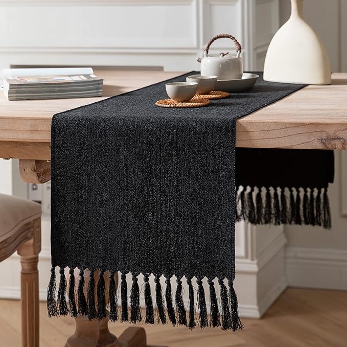 ZeeMart Black Table Runners 60 Inches Long, Burlap Linen Style Rustic Farmhouse Table Runner, Boho Woven Dining Table Runner, 13x60 Inches, Black