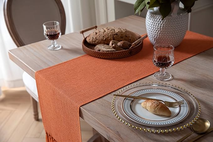 ZeeMart Burnt Orange Table Runners 48 Inches Long, Burlap Linen Style Rustic Farmhouse Fall Table Runner, Small Short Boho Coffee Table Runner, 13x48 Inches, Harvest Pumpkin