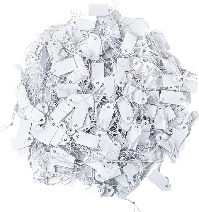 200 Pcs Small Price Tags, Paper Tags with Elastic String, Writable Blank Kraft Gift Tags for Clothes Jewelry Gifts (1.02×0.47inch, White)