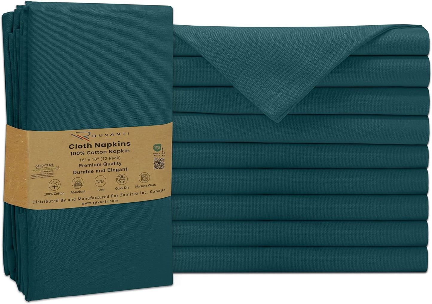 Ruvanti Premium Cloth Napkins Set of 12, 18x18 Inches, 100% Cotton, Washable, Soft & Absorbent, Perfect for Wedding, Christmas, Thanksgiving Dinners - Deep Teal