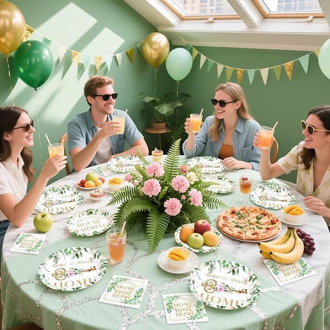 Grencian 200Pcs House Warming Party Decorations Housewarming Plates Disposable Home Sweet Home Plates Green Leaves Pink Floral Paper Tableware for New House Wedding Party Supplies, Serves 50
