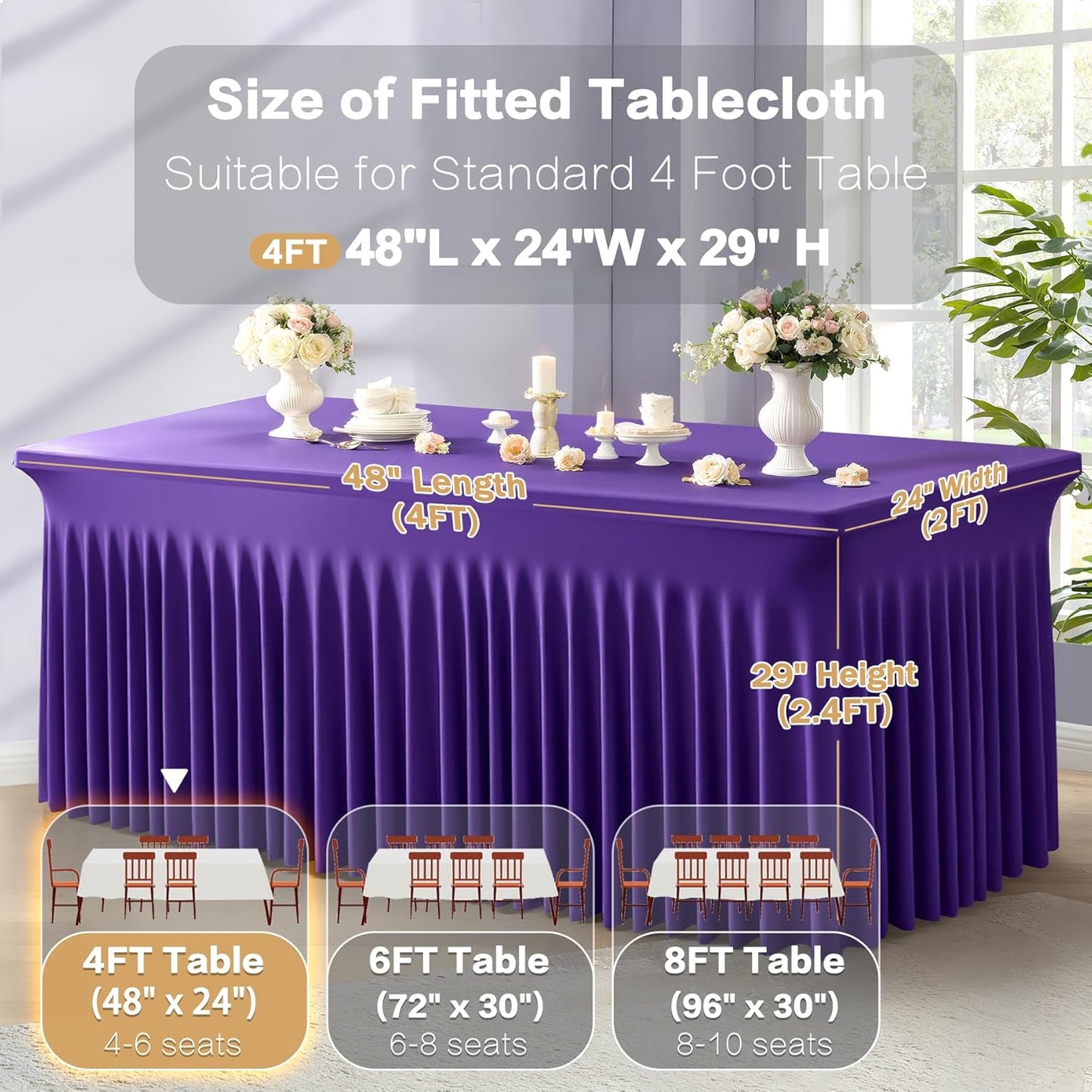 2 Packs Purple Spandex Tableclothes for 4 Foot Rectangle Table, Spandex Table Covers 4FT Stretch Table Skirts Rectangle Wrinkle Free Fitted Tablecover for Event, Wedding, Banquet & Parties