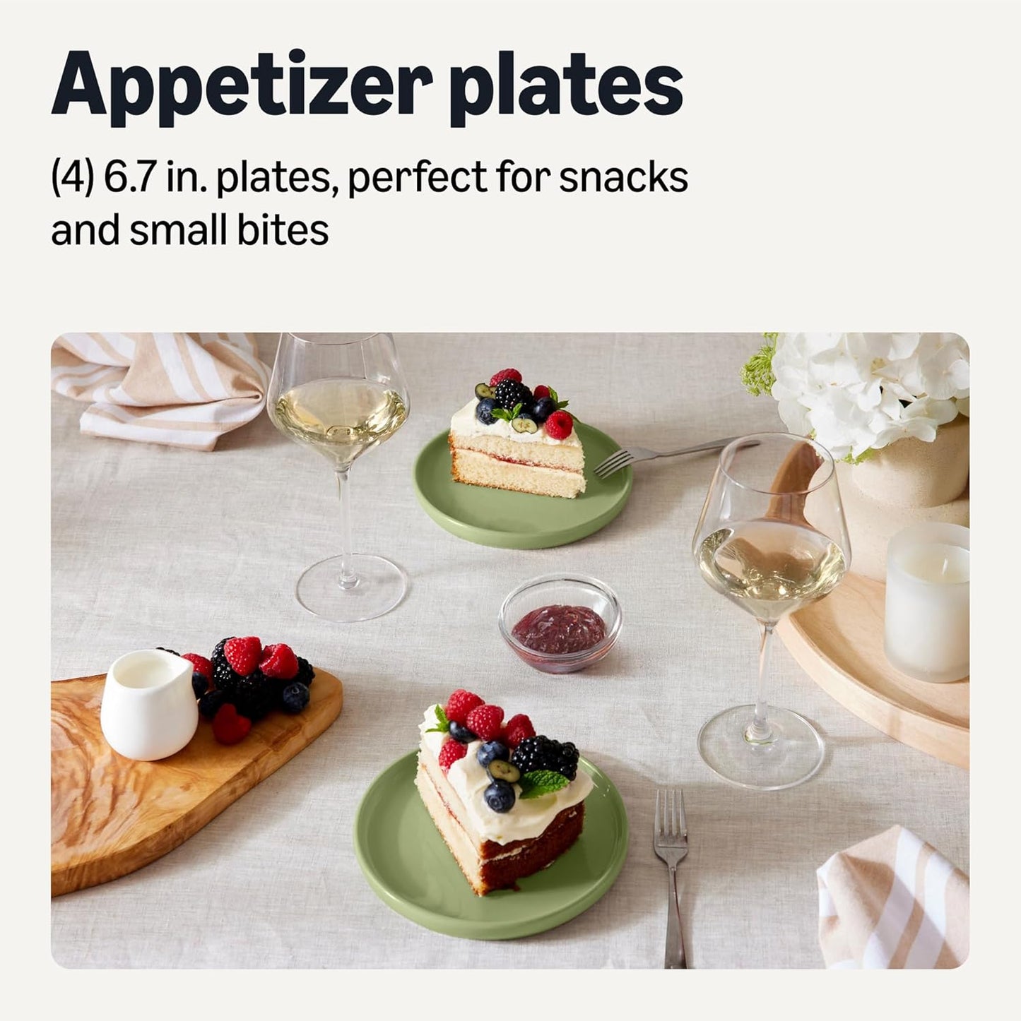 Amazon Basics Glazed Stoneware Appetizer Plates, 4-Piece Set, Microwave and Dishwasher-Safe, 6.7 in., Olive