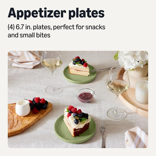 Amazon Basics Glazed Stoneware Appetizer Plates, 4-Piece Set, Microwave and Dishwasher-Safe, 6.7 in., Olive