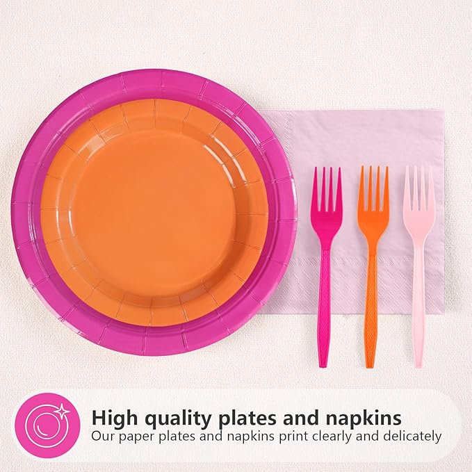 Grencian Pink and Orange Party Decorations Supplies - 96Pcs Solid Color Paper Plates and Napkins Neon Disposable Hot Pink Orange Tableware Sets for Sunset Theme Birthday Party Decorations Serves 24