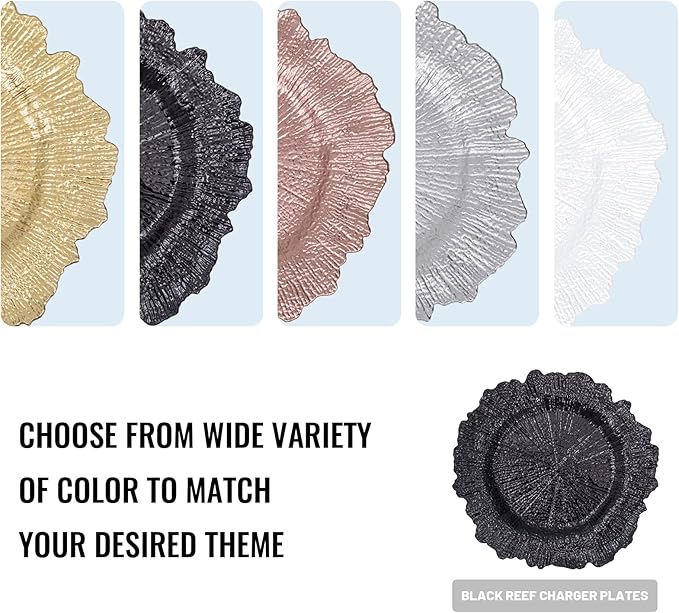 MAONAME 13" Black Charger Plates, Round Reef Chargers for Dinner Plates, Plastic Plate Chargers for Table Setting, Wedding Decor, Set of 12