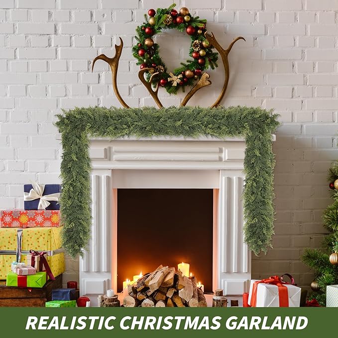 1 Pcs 6FT Christmas Cedar Garland Artificial Realistic Faux Green Cedar Pine Garland Real Touch Christmas Garland for Xmas Home Decoration Indoor Stairs Railing Fireplace Outdoor